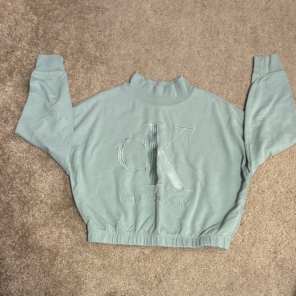 Calvin Klein Jeans Sage Green Cropped Mock-Neck Sweatshirt